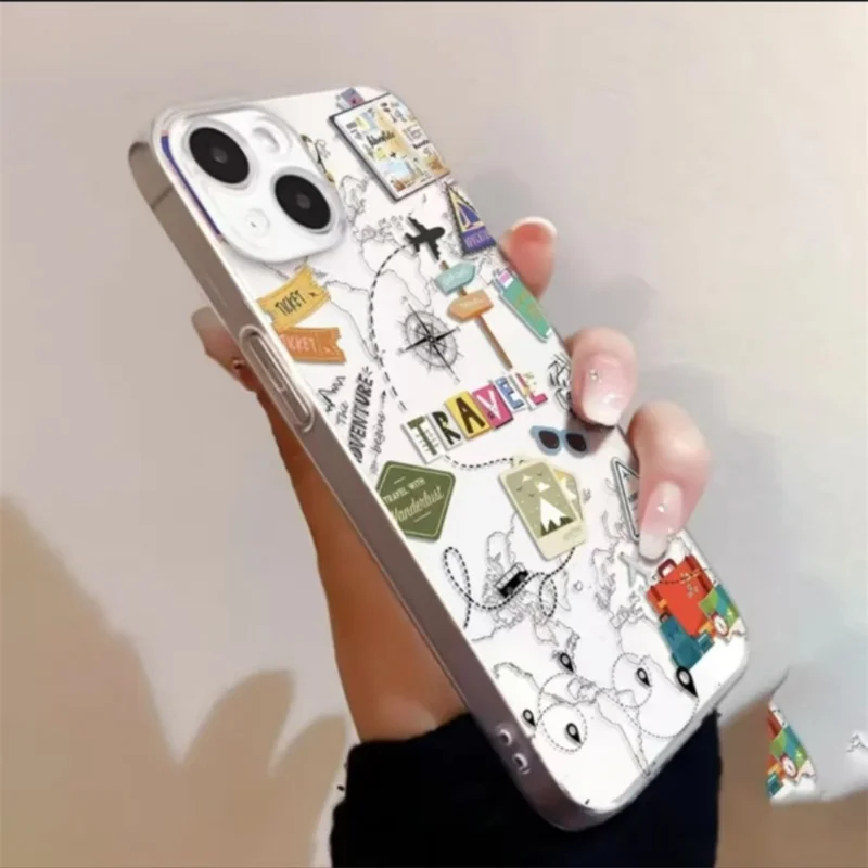 For iPhone 15 Case Travel Map Aircraft Pattern Clear TPU Shockproof Phone Cover - Transparent