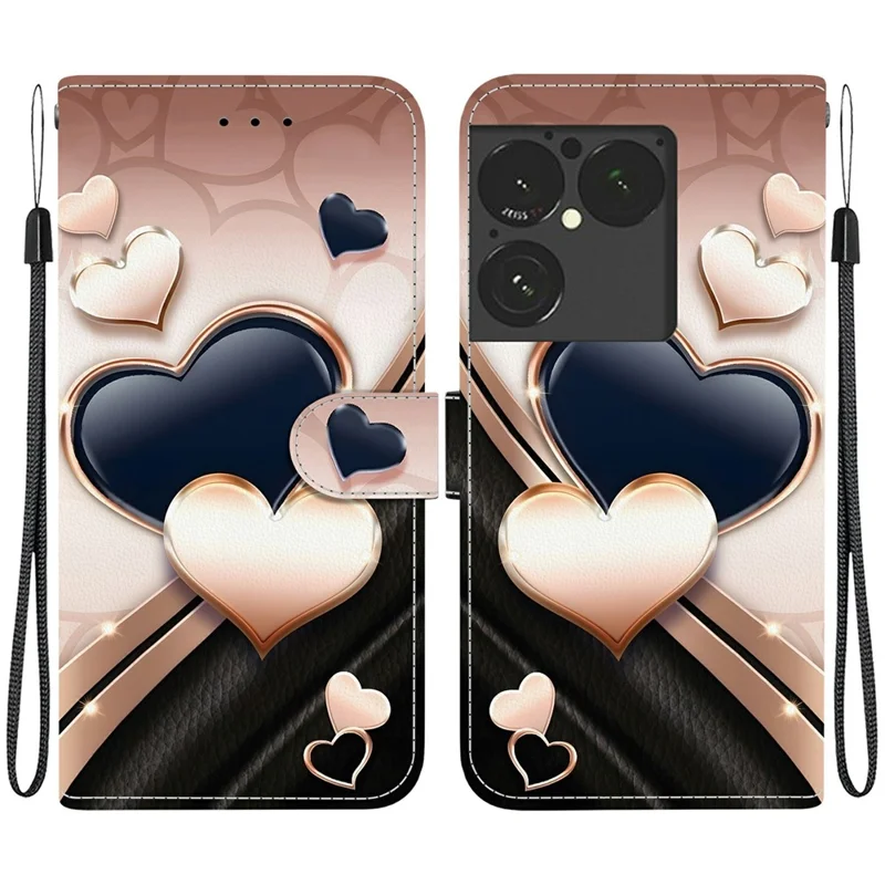 Leather Case for Sony Xperia 1 VIII Stand Wallet Pattern Printing Phone Cover with Wrist Strap - Love
