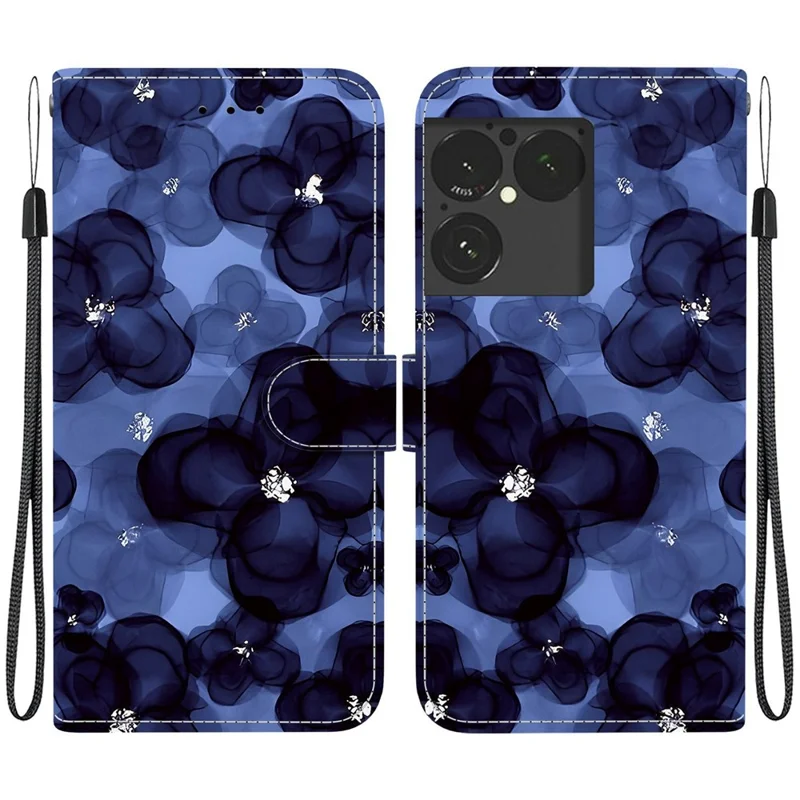 Wallet Case for Sony Xperia 1 VIII Pattern Printing Leather Stand Phone Cover with Strap - Ink Blue Flower
