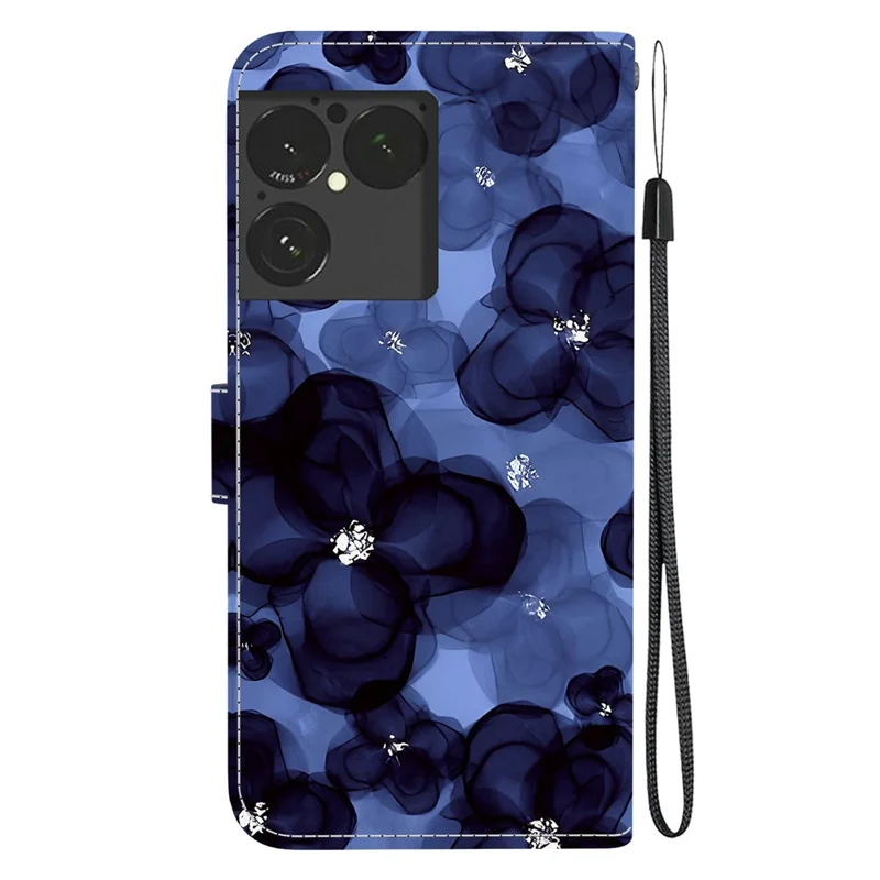 Wallet Case for Sony Xperia 1 VIII Pattern Printing Leather Stand Phone Cover with Strap - Ink Blue Flower