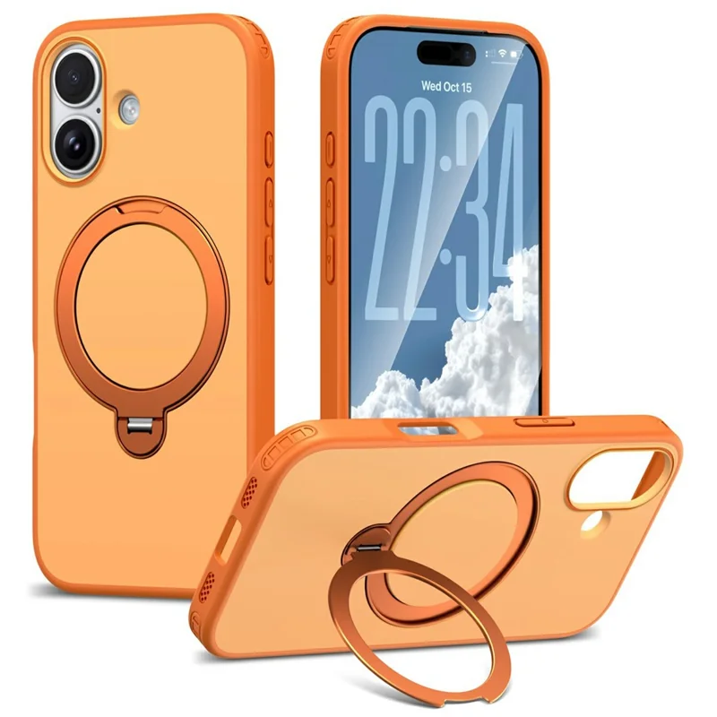 For iPhone 16 Magnetic Case Ring Holder Kickstand PC + TPU Dual-Layer Protective Phone Cover - Orange