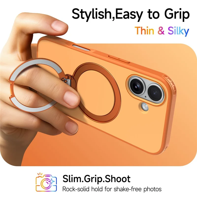 For iPhone 16 Magnetic Case Ring Holder Kickstand PC + TPU Dual-Layer Protective Phone Cover - Orange