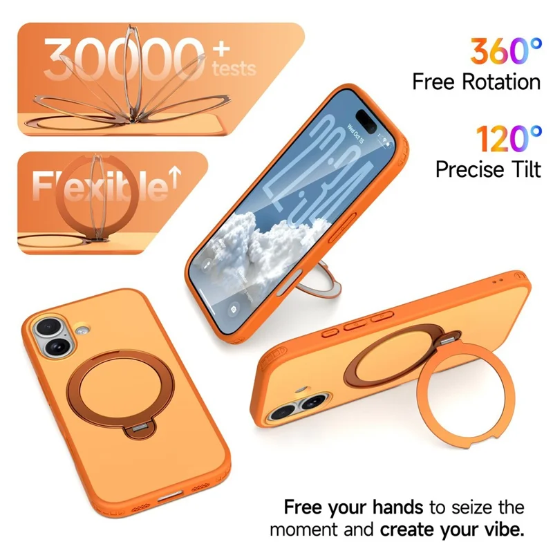 For iPhone 16 Magnetic Case Ring Holder Kickstand PC + TPU Dual-Layer Protective Phone Cover - Orange