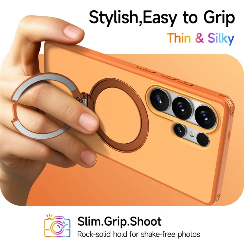For Samsung Galaxy S24 Ultra Magnetic Case Ring Holder Kickstand PC + TPU Dual-Layer Protective Phone Cover - Orange