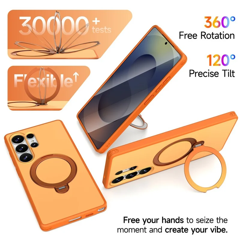 For Samsung Galaxy S24 Ultra Magnetic Case Ring Holder Kickstand PC + TPU Dual-Layer Protective Phone Cover - Orange