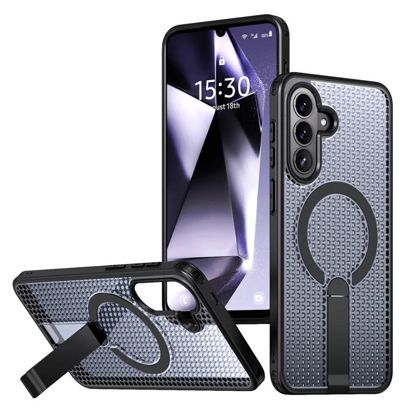 For Samsung Galaxy A57 5G  Magnetic Case Kickstand Grid Texture TPU PC Phone Back Cover - Black