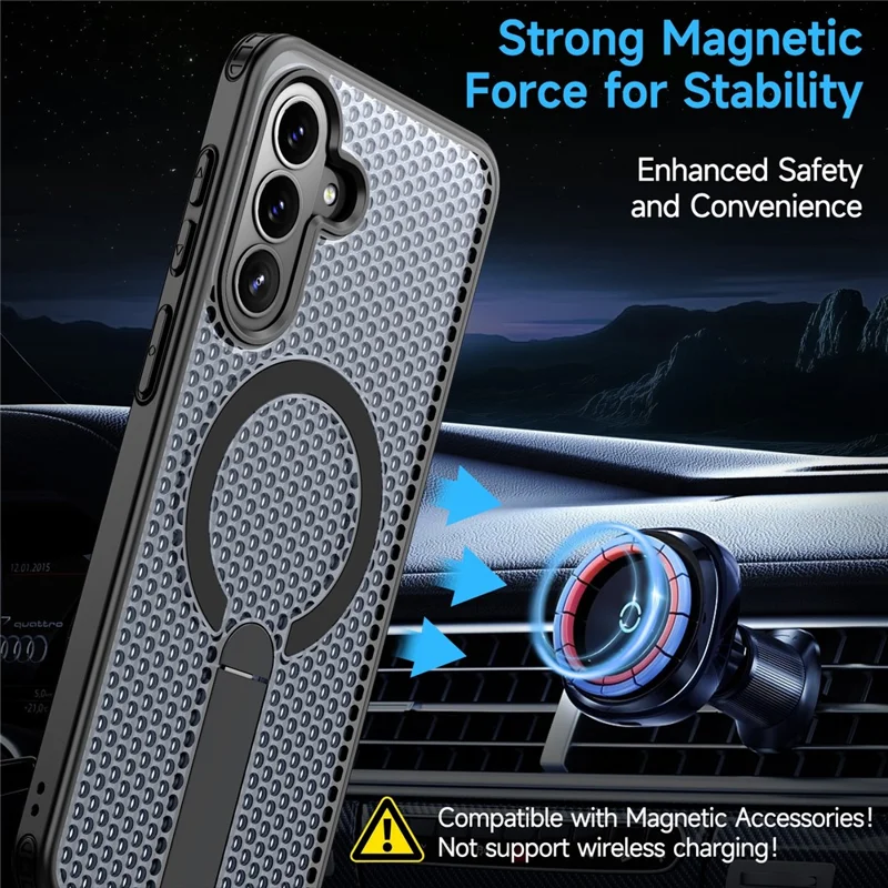 For Samsung Galaxy A57 5G  Magnetic Case Kickstand Grid Texture TPU PC Phone Back Cover - Black
