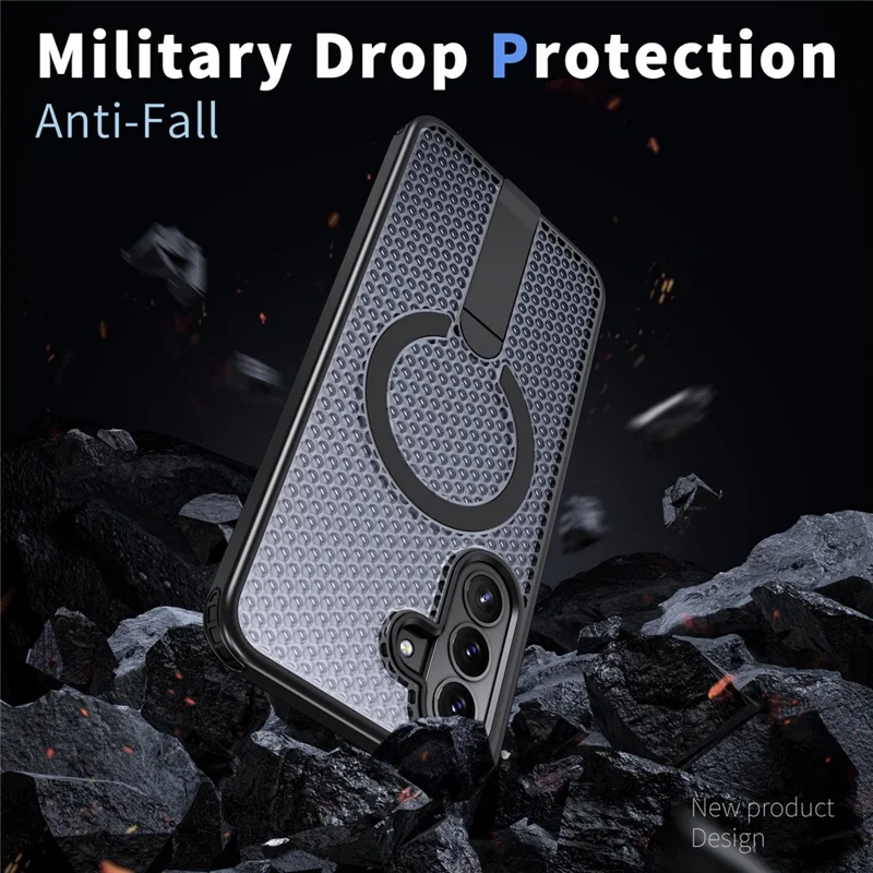 For Samsung Galaxy A57 5G  Magnetic Case Kickstand Grid Texture TPU PC Phone Back Cover - Black