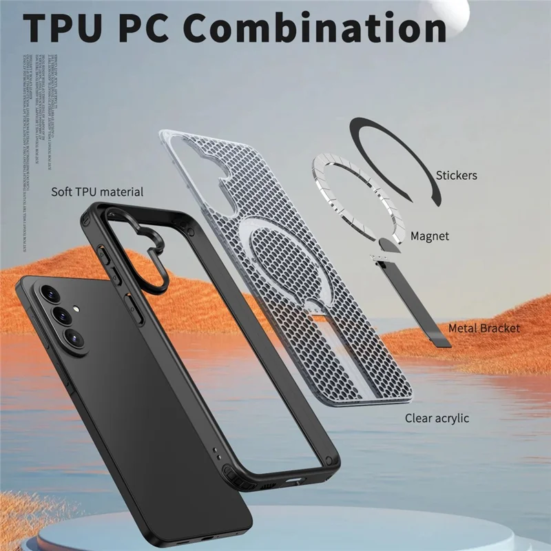 For Samsung Galaxy A57 5G  Magnetic Case Kickstand Grid Texture TPU PC Phone Back Cover - Black