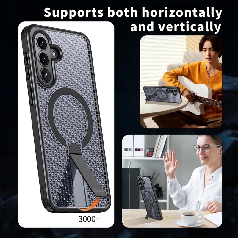 For Samsung Galaxy A57 5G  Magnetic Case Kickstand Grid Texture TPU PC Phone Back Cover - Black