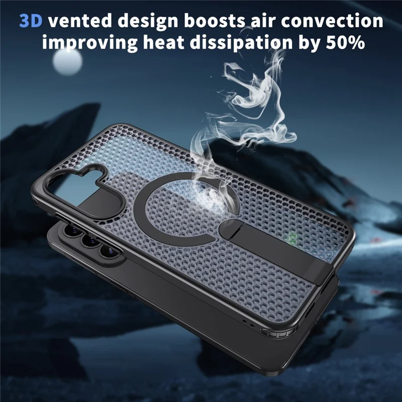 For Samsung Galaxy A57 5G  Magnetic Case Kickstand Grid Texture TPU PC Phone Back Cover - Black
