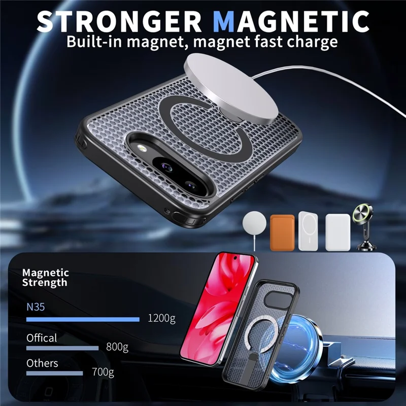 For Google Pixel 10a Magnetic Case Kickstand Grid Texture TPU PC Phone Back Cover - Black