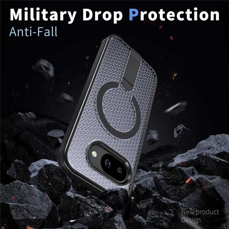 For Google Pixel 10a Magnetic Case Kickstand Grid Texture TPU PC Phone Back Cover - Black