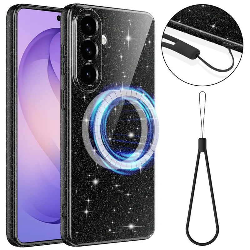 For Samsung Galaxy A27 Magnetic Case Glitter TPU Shockproof Phone Cover with Lanyard - Black