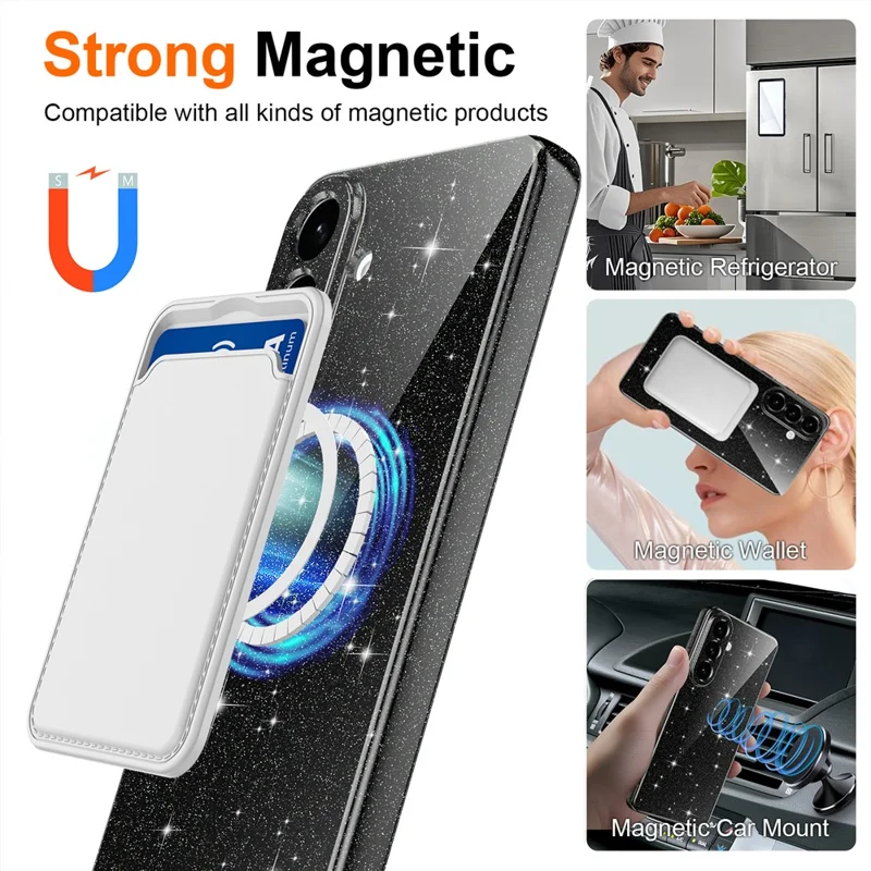 For Samsung Galaxy A27 Magnetic Case Glitter TPU Shockproof Phone Cover with Lanyard - Black