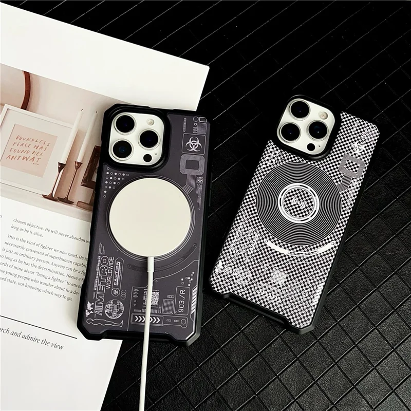 For iPhone 16 Pro Max Magnetic Case Circuit Board Design PC + TPU Corner Protection Phone Cover - White Plaid