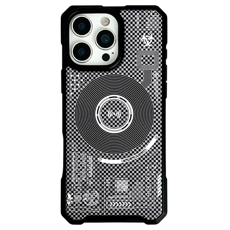 For iPhone 16 Pro Magnetic Case Circuit Board Design PC + TPU Corner Protection Phone Cover - White Plaid