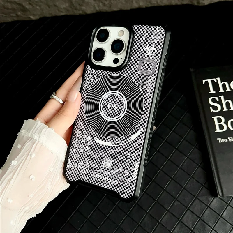 For iPhone 16 Pro Magnetic Case Circuit Board Design PC + TPU Corner Protection Phone Cover - White Plaid
