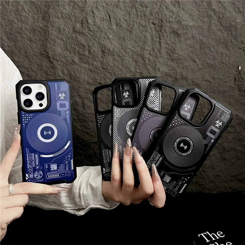 For iPhone 16 Pro Magnetic Case Circuit Board Design PC + TPU Corner Protection Phone Cover - White Plaid