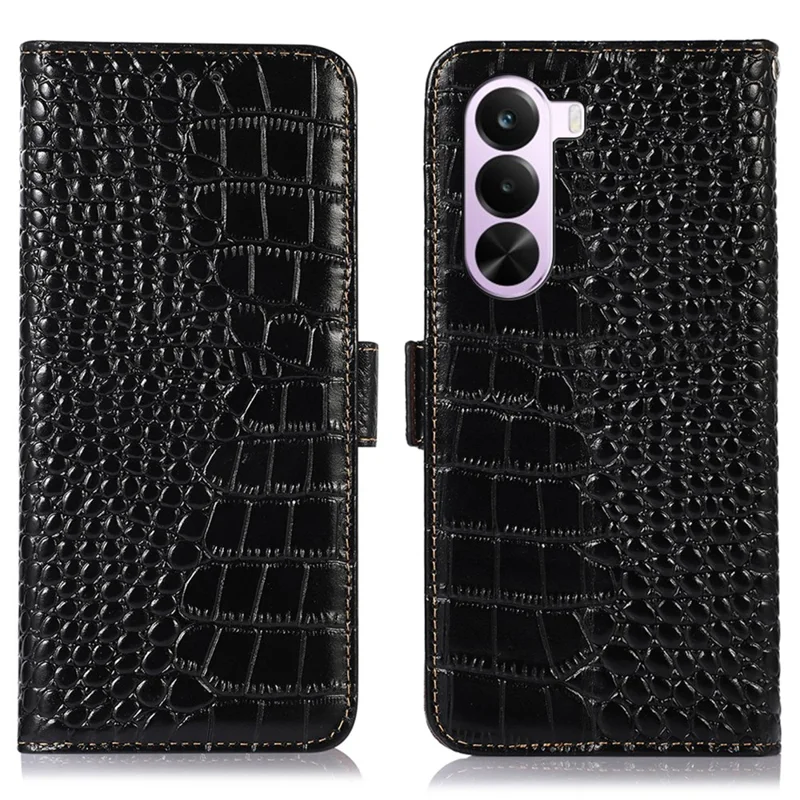 For OnePlus Nord CE6 Lite 5G  /  Realme P4x 5G Case RFID Blocking Wallet Crocodile Texture Genuine Cow Leather Phone Cover - Black