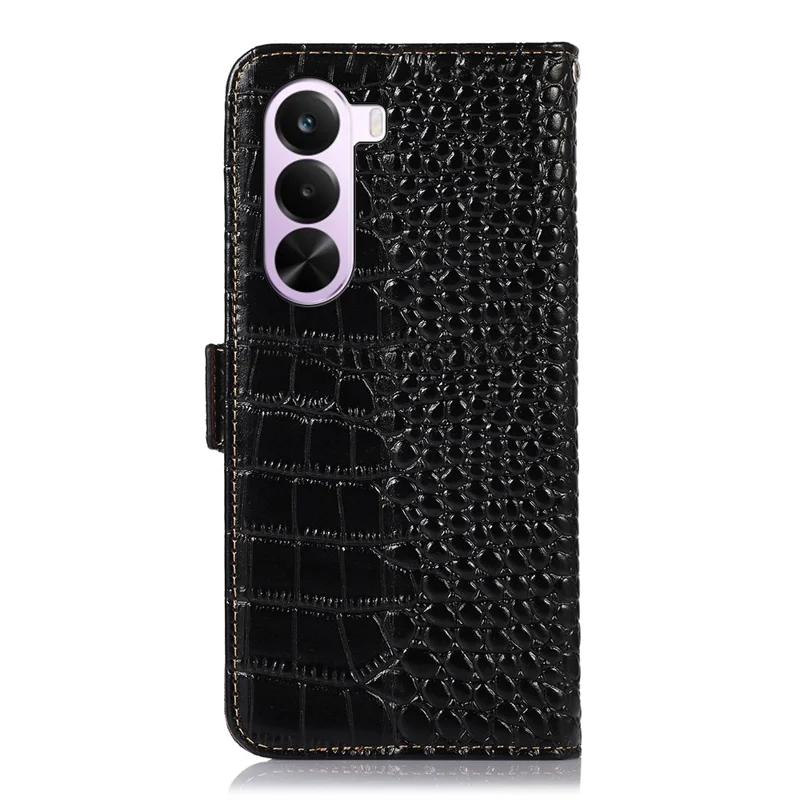 For OnePlus Nord CE6 Lite 5G  /  Realme P4x 5G Case RFID Blocking Wallet Crocodile Texture Genuine Cow Leather Phone Cover - Black