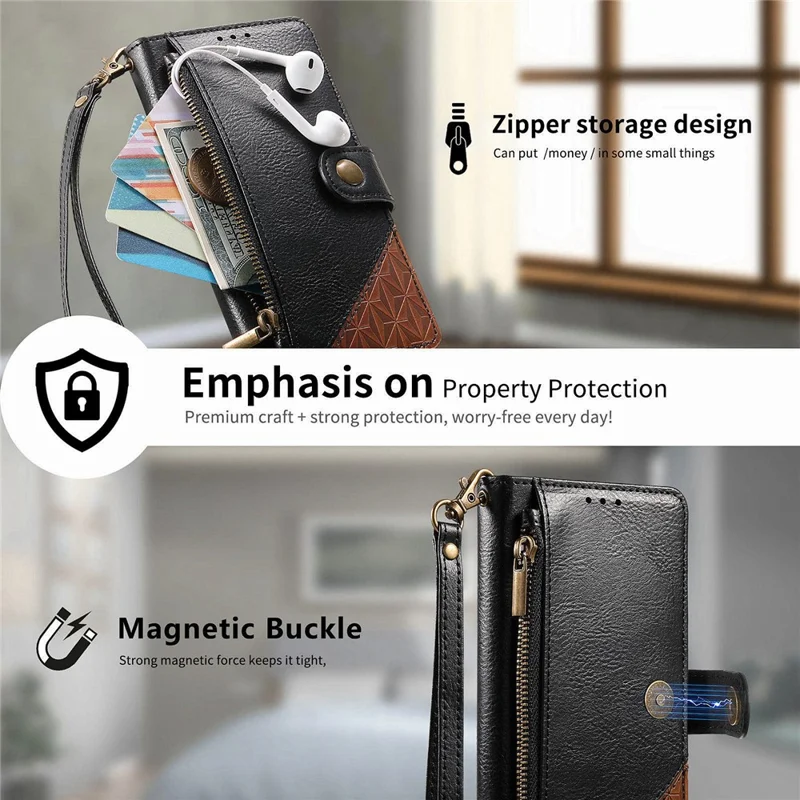 For Blackview Wave 7C Case Color Splicing TPI PU Leather Flip Shockproof Phone Cover with Wrist Strap - Black