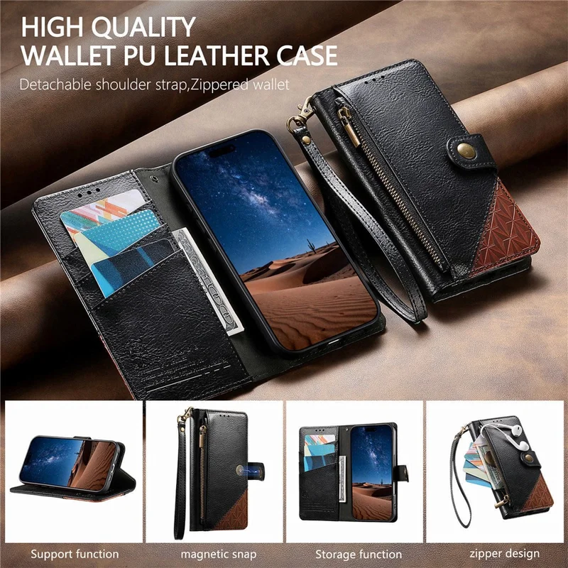 For Blackview Wave 7C Case Color Splicing TPI PU Leather Flip Shockproof Phone Cover with Wrist Strap - Black