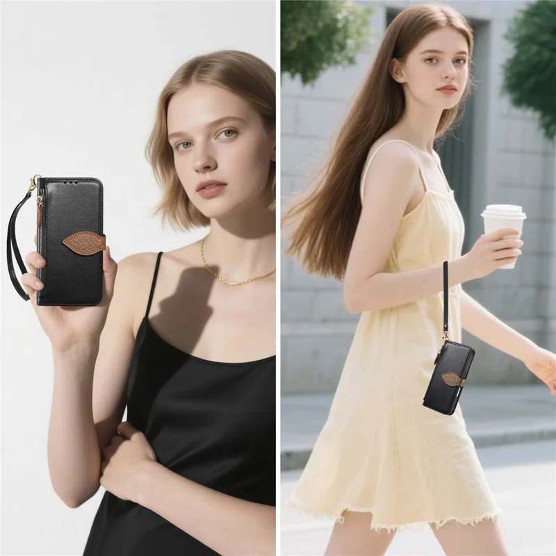 For Blackview Wave 7C Stand Case Leaf Shape Magnetic Clasp Leather Phone Cover with Hand Strap - Black