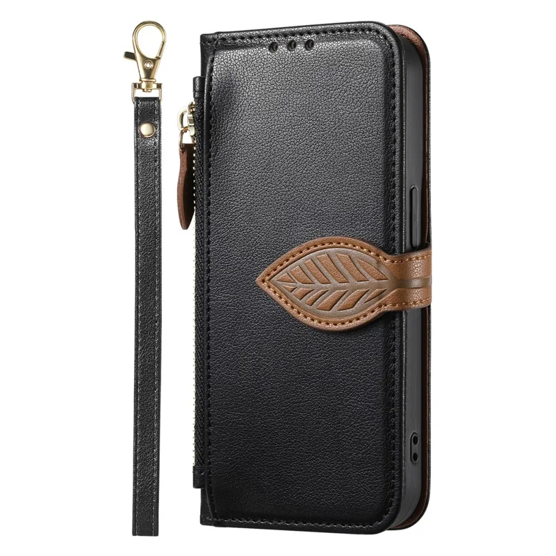 For Blackview Wave 7C Stand Case Leaf Shape Magnetic Clasp Leather Phone Cover with Hand Strap - Black
