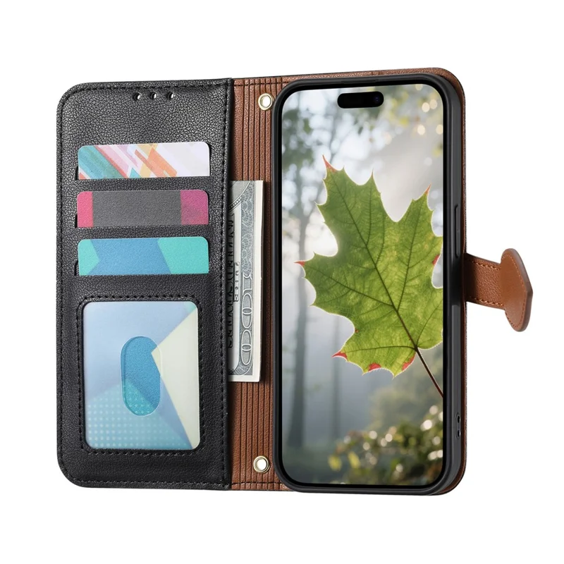 For Blackview Wave 7C Stand Case Leaf Shape Magnetic Clasp Leather Phone Cover with Hand Strap - Black