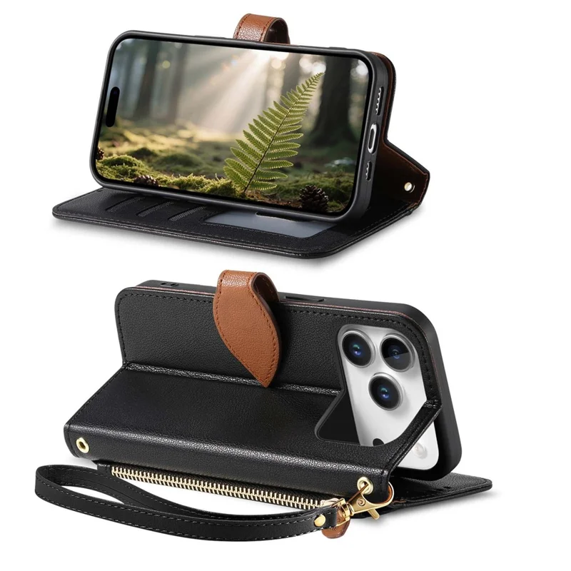 For Blackview Wave 7C Stand Case Leaf Shape Magnetic Clasp Leather Phone Cover with Hand Strap - Black
