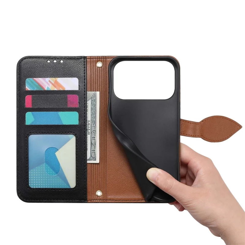 For Blackview Wave 7C Stand Case Leaf Shape Magnetic Clasp Leather Phone Cover with Hand Strap - Black