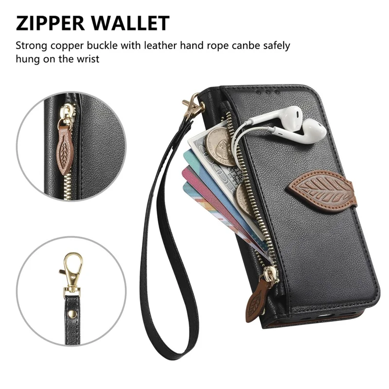 For Blackview Wave 7C Stand Case Leaf Shape Magnetic Clasp Leather Phone Cover with Hand Strap - Black