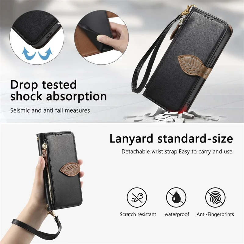 For Blackview Wave 7C Stand Case Leaf Shape Magnetic Clasp Leather Phone Cover with Hand Strap - Black