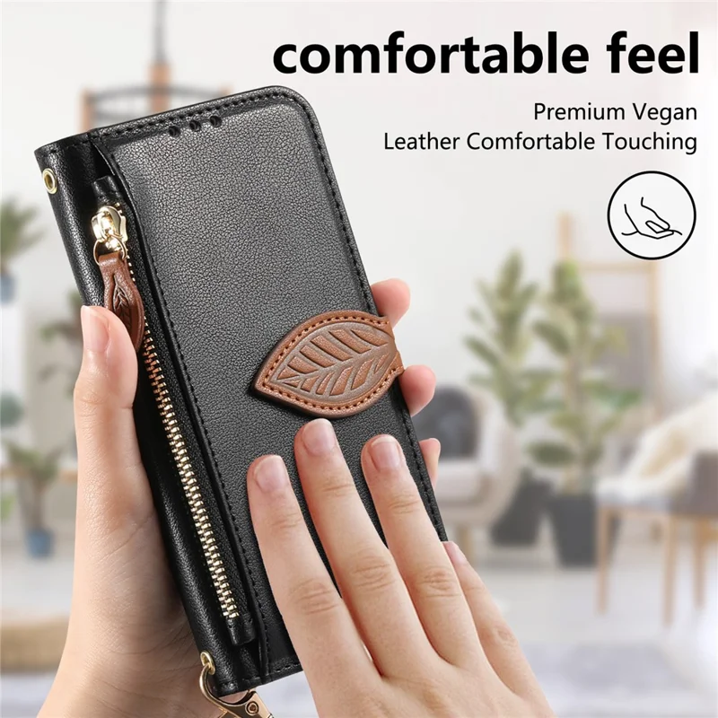 For Blackview Wave 7C Stand Case Leaf Shape Magnetic Clasp Leather Phone Cover with Hand Strap - Black