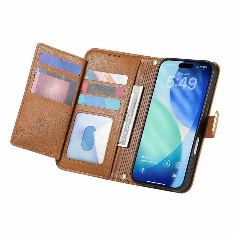 For Blackview Wave 7C Case Floral Leaf Pattern Multi Card Slots Zipper Leather Phone Cover with Wrist Strap - Brown