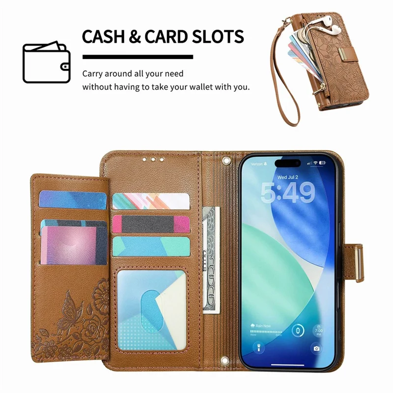 For Blackview Wave 7C Case Floral Leaf Pattern Multi Card Slots Zipper Leather Phone Cover with Wrist Strap - Brown