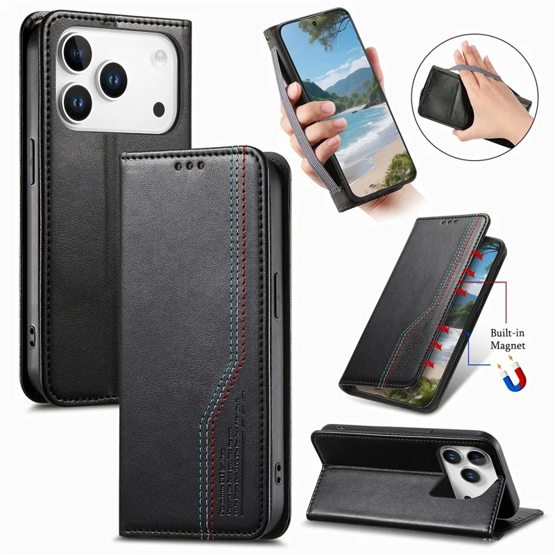 For Blackview Wave 7C Case Wallet Tri-Color Stitching Leather Phone Cover with Elastic Wristband - Black