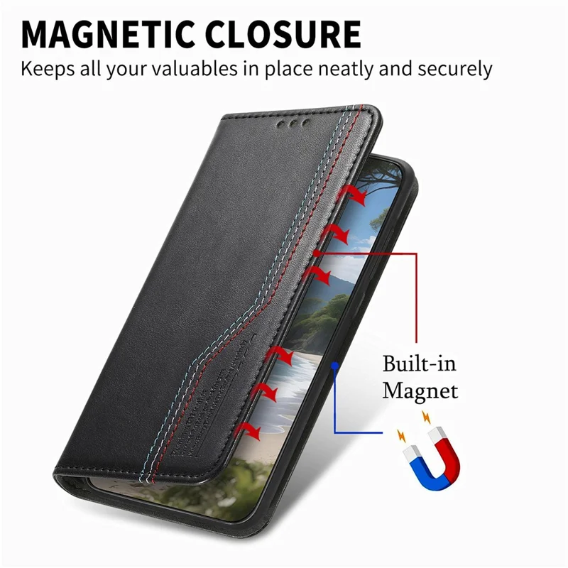 For Blackview Wave 7C Case Wallet Tri-Color Stitching Leather Phone Cover with Elastic Wristband - Black