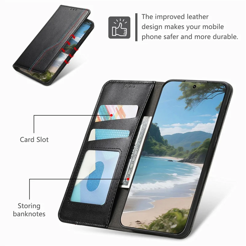 For Blackview Wave 7C Case Wallet Tri-Color Stitching Leather Phone Cover with Elastic Wristband - Black