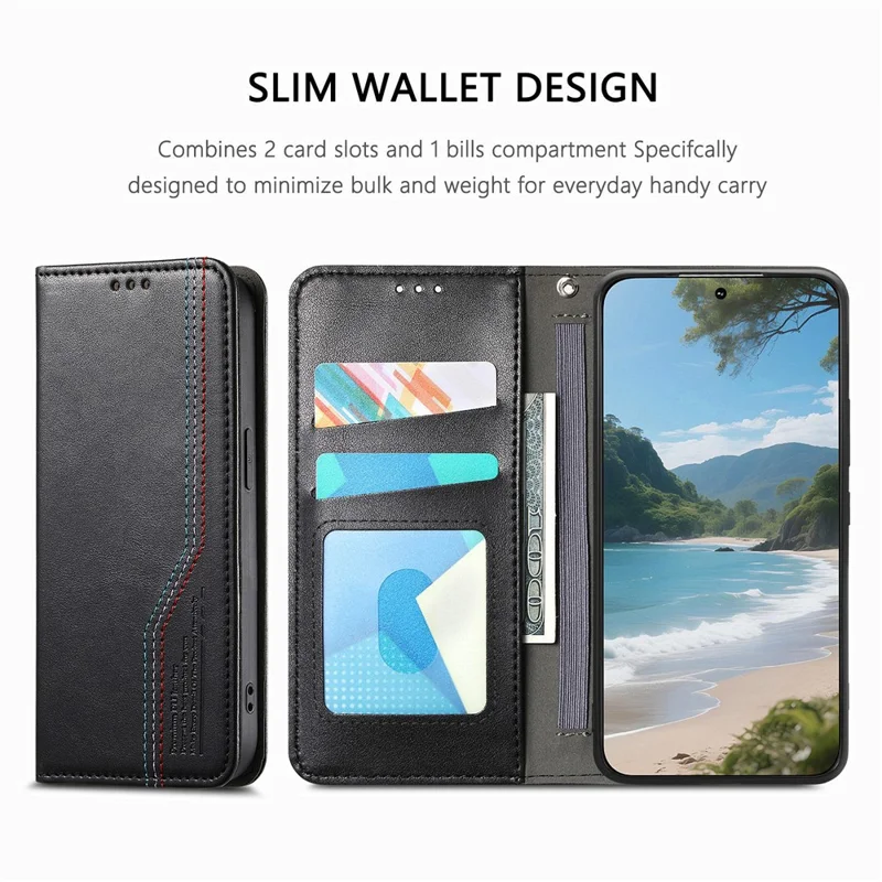 For Blackview Wave 7C Case Wallet Tri-Color Stitching Leather Phone Cover with Elastic Wristband - Black