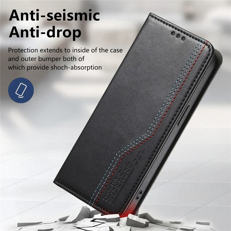 For Blackview Wave 7C Case Wallet Tri-Color Stitching Leather Phone Cover with Elastic Wristband - Black
