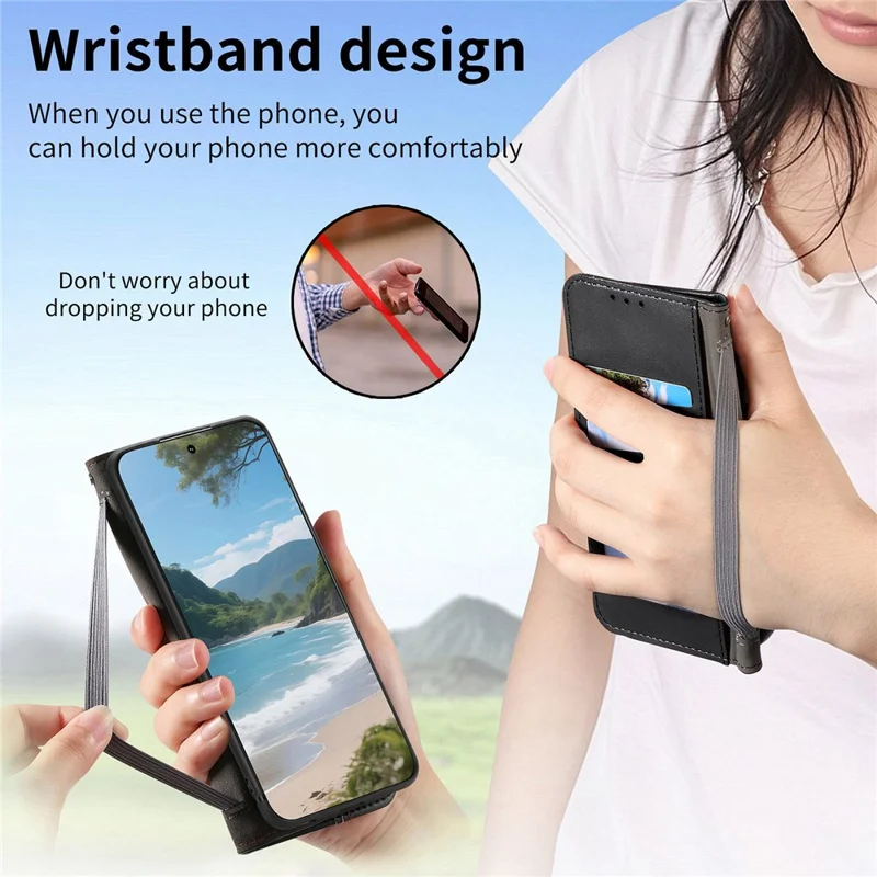 For Blackview Wave 7C Case Wallet Tri-Color Stitching Leather Phone Cover with Elastic Wristband - Black