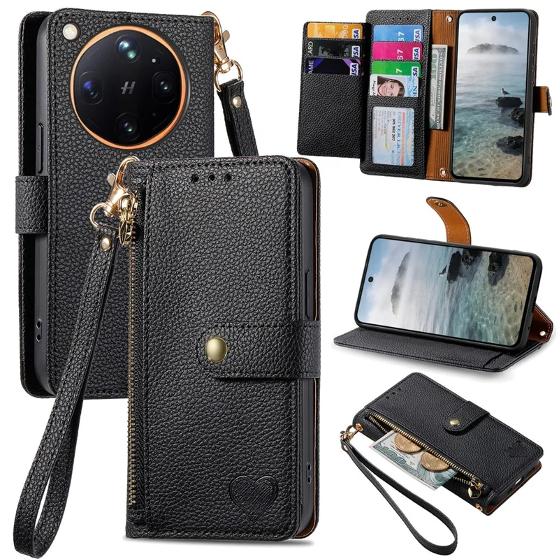 Étui pour Oppo Find X9 Ultra 5G, étui portefeuille en cuir avec pochette à fermeture éclair, protection RFID, sangle incluse - Noir