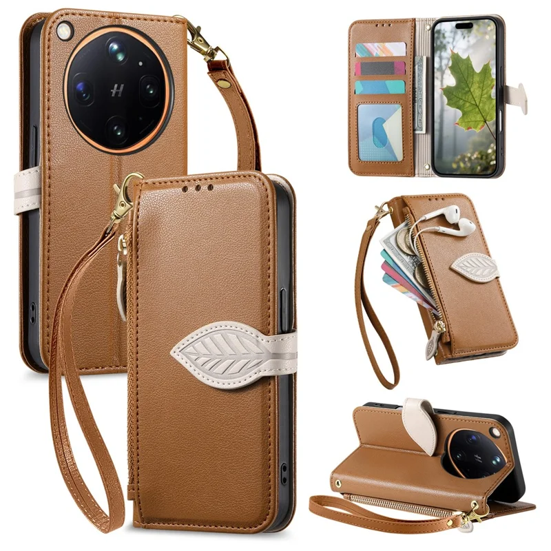 Coque avec étui support pour Oppo Find X9 Ultra 5G, housse en cuir avec fermoir magnétique en forme de feuille et dragonne amovible - Marron