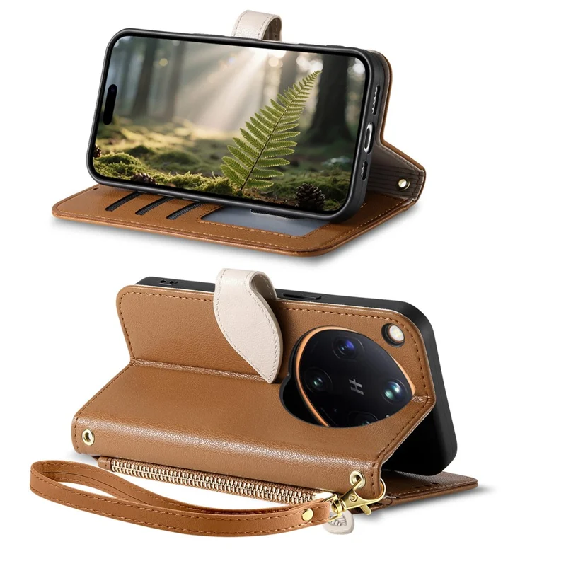 Coque avec étui support pour Oppo Find X9 Ultra 5G, housse en cuir avec fermoir magnétique en forme de feuille et dragonne amovible - Marron