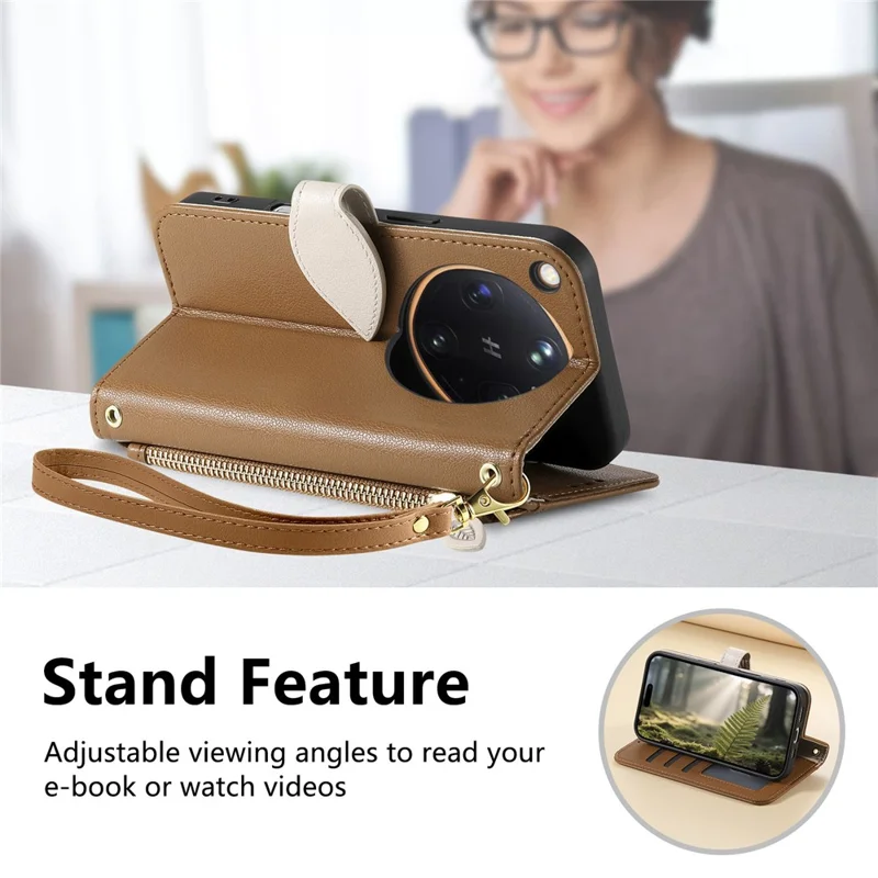 Coque avec étui support pour Oppo Find X9 Ultra 5G, housse en cuir avec fermoir magnétique en forme de feuille et dragonne amovible - Marron