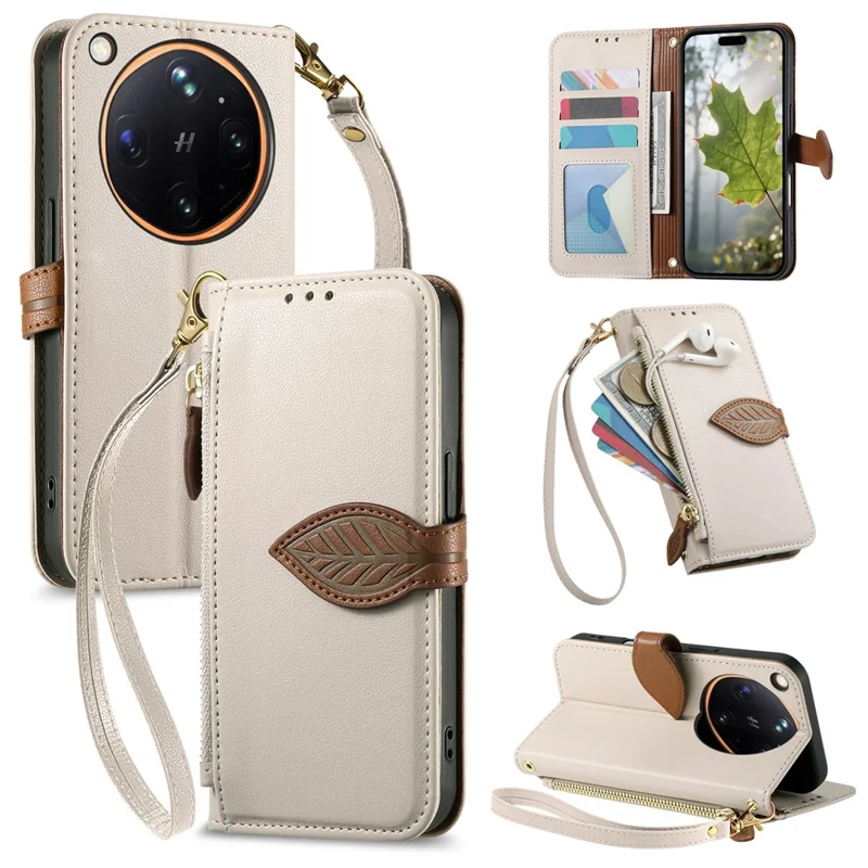 For Oppo Find X9 Ultra 5G Stand Case Leaf Shape Magnetic Clasp Leather Phone Cover with Hand Strap - Beige