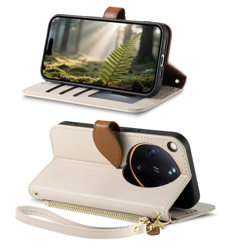 For Oppo Find X9 Ultra 5G Stand Case Leaf Shape Magnetic Clasp Leather Phone Cover with Hand Strap - Beige