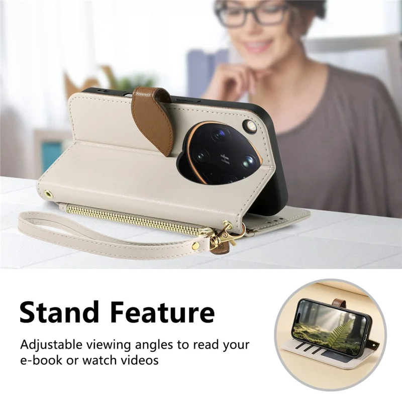 For Oppo Find X9 Ultra 5G Stand Case Leaf Shape Magnetic Clasp Leather Phone Cover with Hand Strap - Beige